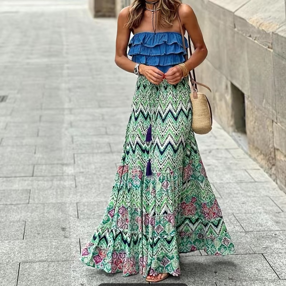 Aster June Green boho colorful maxi skirt